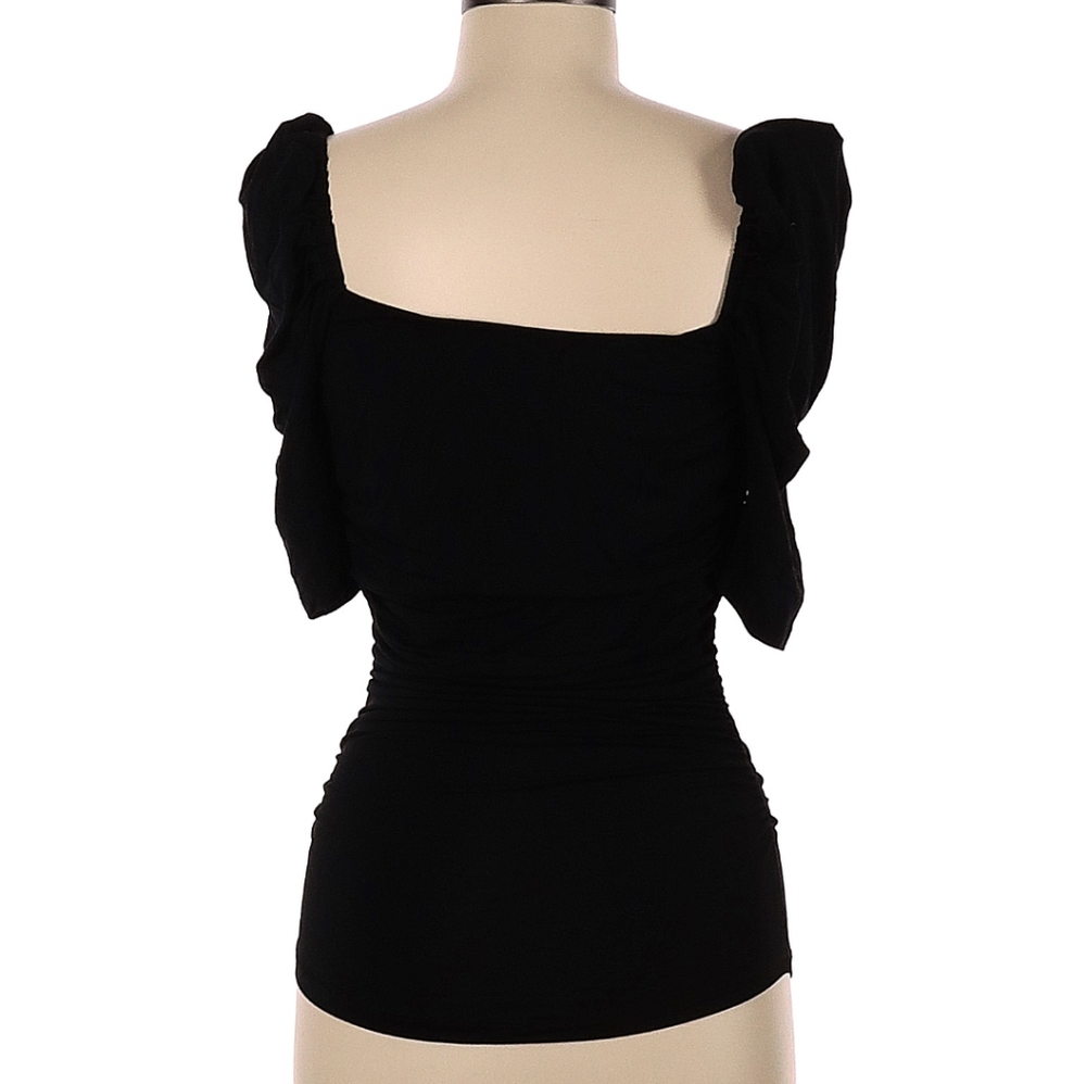 FRAME Betty Knitted Black Noir Square Neck Ruched Puff Sleeve Top Shirt - Picture 12 of 16